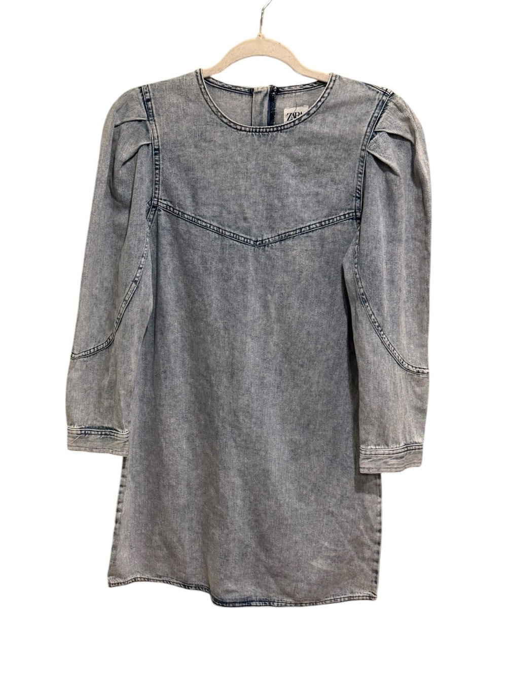 Zara Washed Blue Grey Denim Mini Dress with Exposed Back Zipper - XS (oversized)